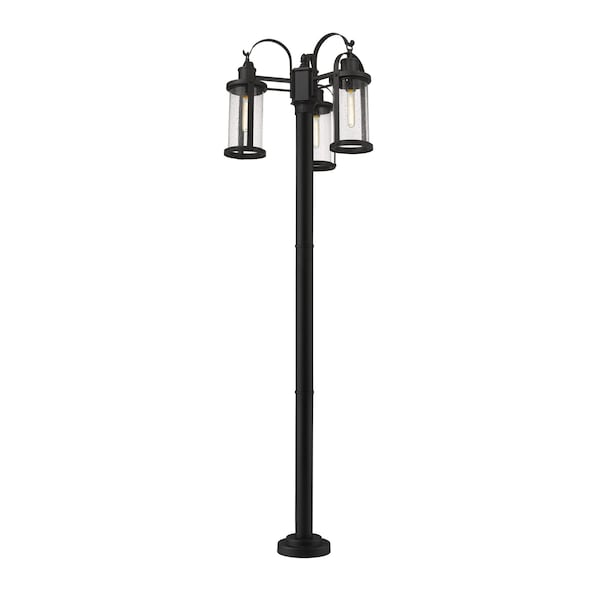 Roundhouse 3 Light Outdoor Post Mounted Fixture, Black And Clear Seedy